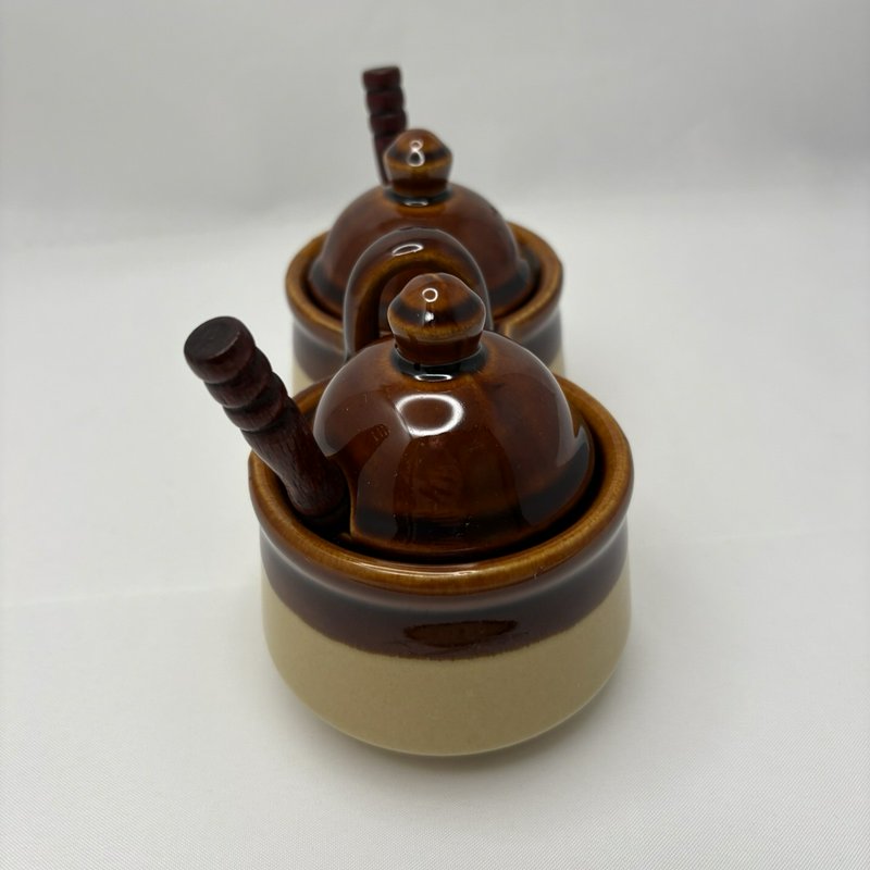 Vtg Taiwan Brown Drip Jam Marmalade Condiment Jar Stoneware Set w/Lids & Spoons