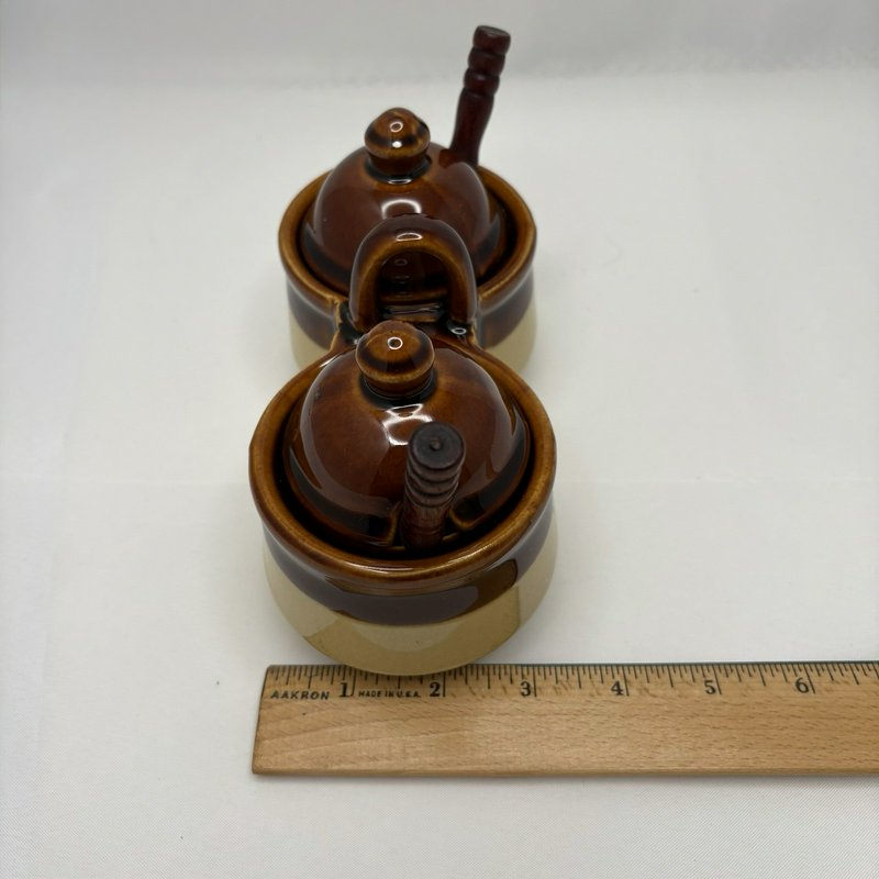 Vtg Taiwan Brown Drip Jam Marmalade Condiment Jar Stoneware Set w/Lids & Spoons