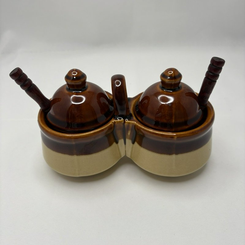 Vtg Taiwan Brown Drip Jam Marmalade Condiment Jar Stoneware Set w/Lids & Spoons