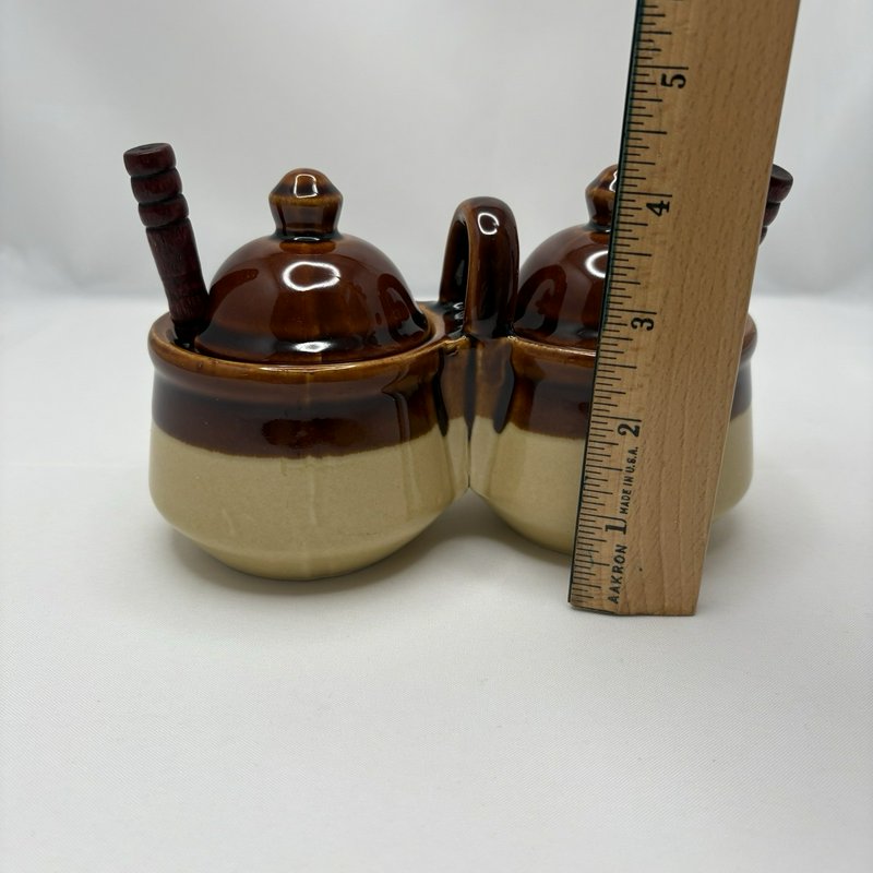 Vtg Taiwan Brown Drip Jam Marmalade Condiment Jar Stoneware Set w/Lids & Spoons