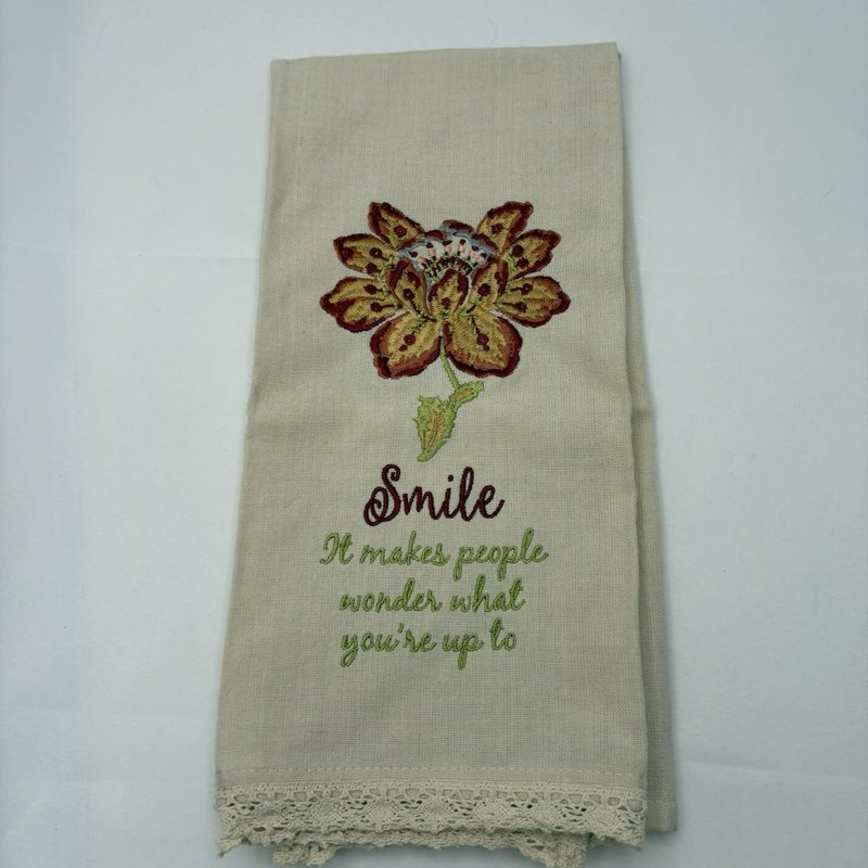 Park Designs Embroidered Kitchen Towel "Smile" Quote Floral Lace Trim Cotton