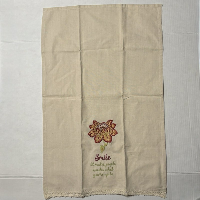 Park Designs Embroidered Kitchen Towel "Smile" Quote Floral Lace Trim Cotton