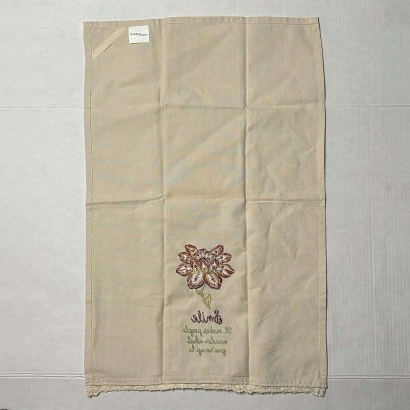 Park Designs Embroidered Kitchen Towel "Smile" Quote Floral Lace Trim Cotton