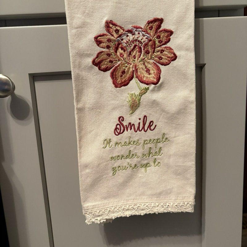 Park Designs Embroidered Kitchen Towel "Smile" Quote Floral Lace Trim Cotton