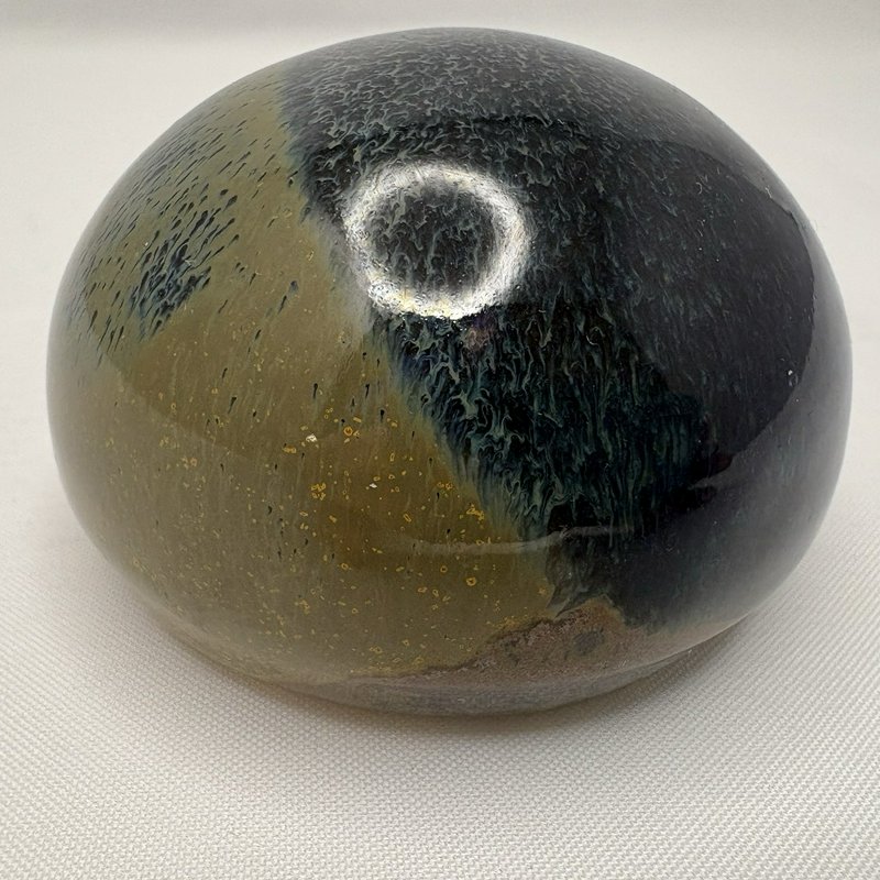 Studio Art Pottery Paperweight Blue Green Drip Glaze Round Desk Decor 3"