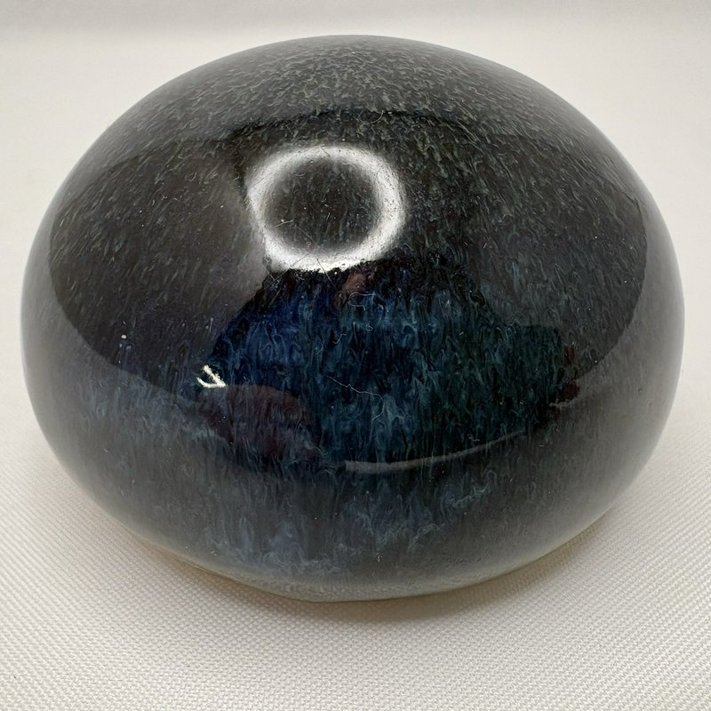 Studio Art Pottery Paperweight Blue Green Drip Glaze Round Desk Decor 3"