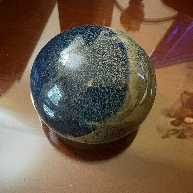 Studio Art Pottery Paperweight Blue Green Drip Glaze Round Desk Decor 3"