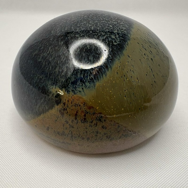 Studio Art Pottery Paperweight Blue Green Drip Glaze Round Desk Decor 3"