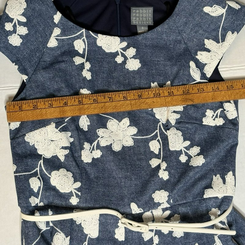 Rabbit Rabbit Designs Dress Womens 8 Blue White Embroidered Floral Belted Lined