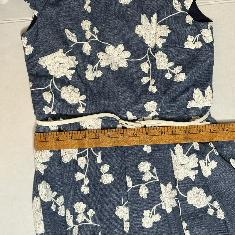 Rabbit Rabbit Designs Dress Womens 8 Blue White Embroidered Floral Belted Lined