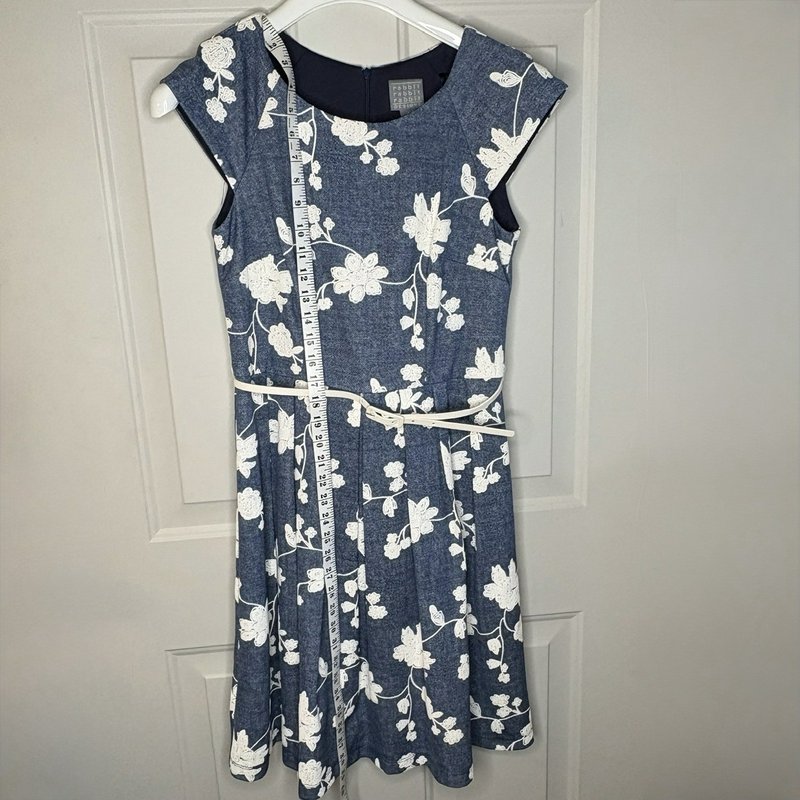 Rabbit Rabbit Designs Dress Womens 8 Blue White Embroidered Floral Belted Lined