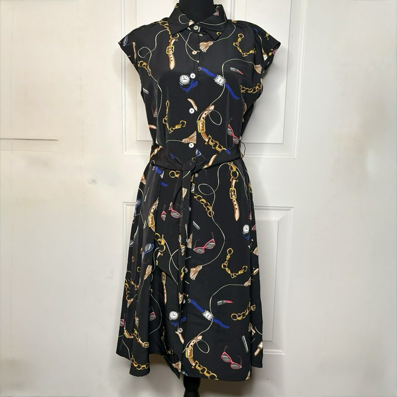 NWT Apt. 9 Women’s M Black Novelty Print Belted Shirt Dress Collared Midi