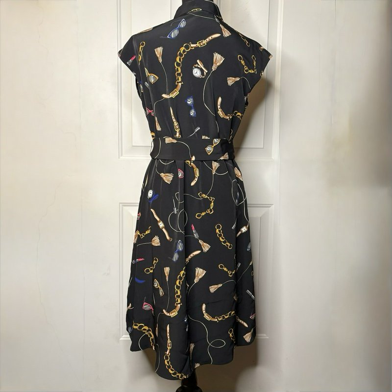 NWT Apt. 9 Women’s M Black Novelty Print Belted Shirt Dress Collared Midi