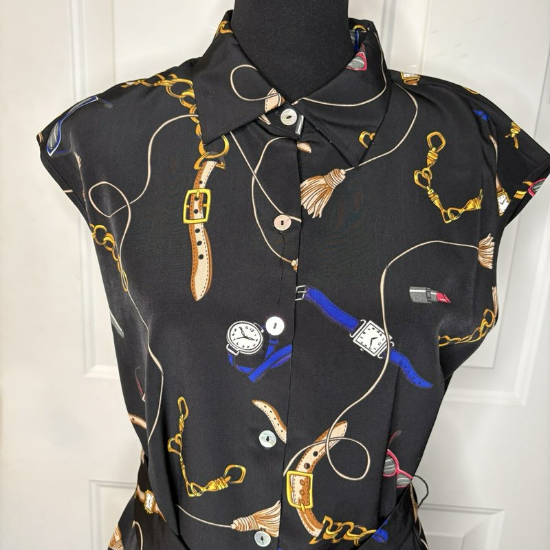 NWT Apt. 9 Women’s M Black Novelty Print Belted Shirt Dress Collared Midi