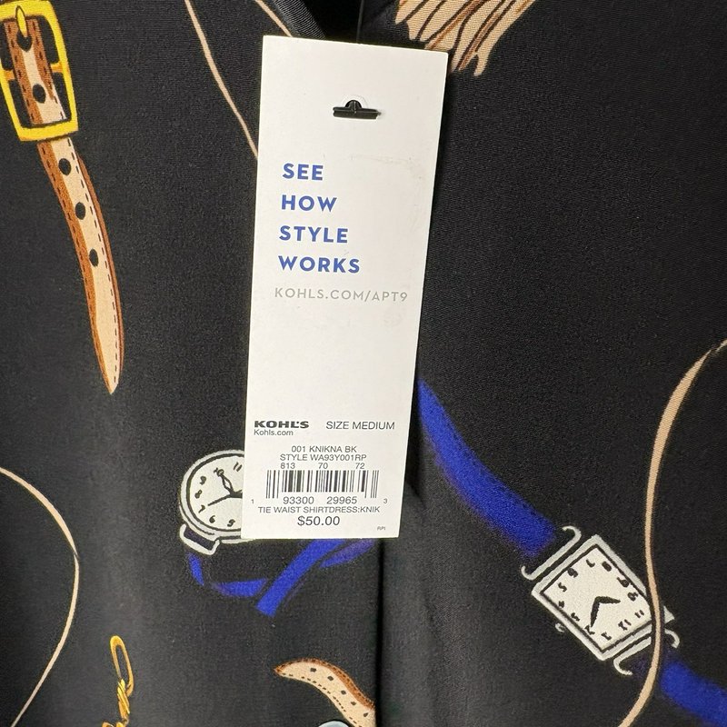 NWT Apt. 9 Women’s M Black Novelty Print Belted Shirt Dress Collared Midi