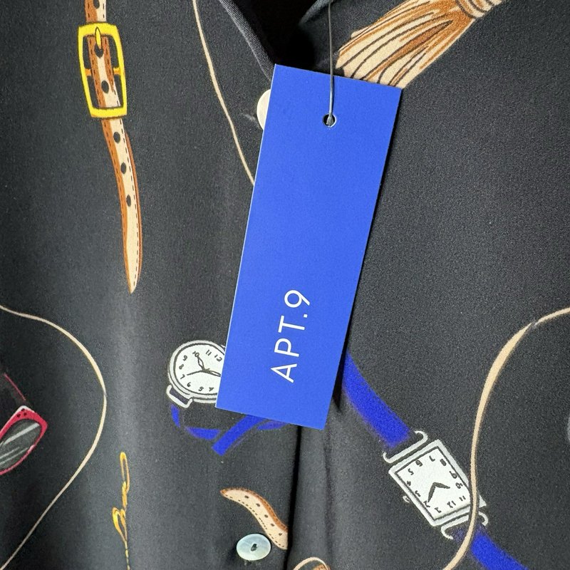 NWT Apt. 9 Women’s M Black Novelty Print Belted Shirt Dress Collared Midi