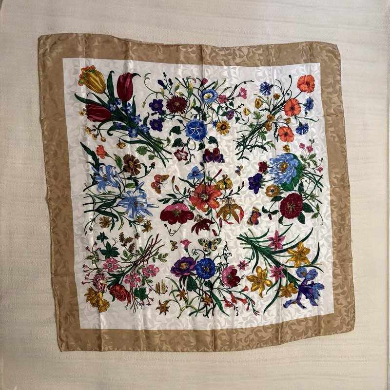 Vintage Italian Silk Scarf 34x34 Floral Botanical Butterfly Square