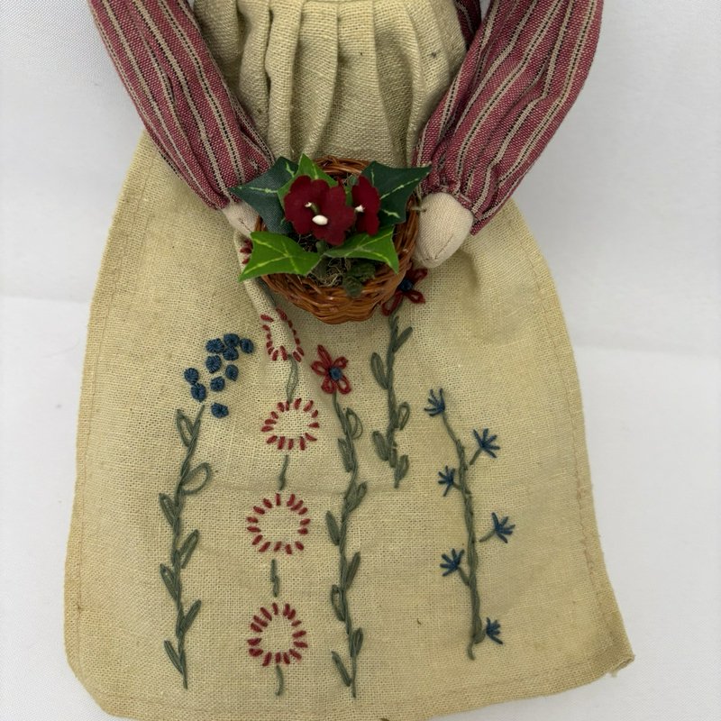 Primitive Country Garden Angel Doll Folk Art Fabric Straw Hat Basket Decor