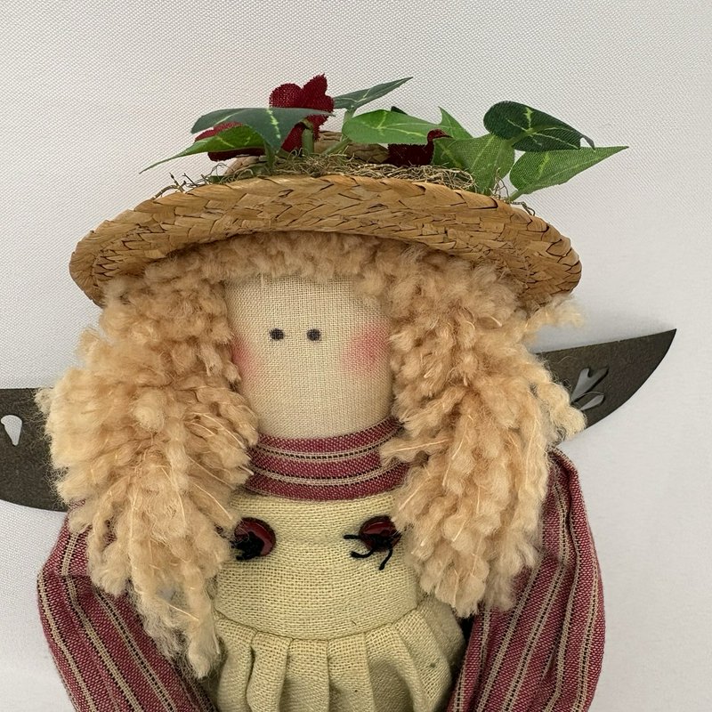 Primitive Country Garden Angel Doll Folk Art Fabric Straw Hat Basket Decor