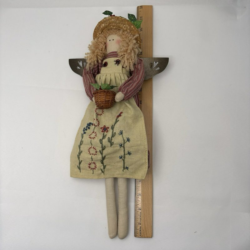 Primitive Country Garden Angel Doll Folk Art Fabric Straw Hat Basket Decor