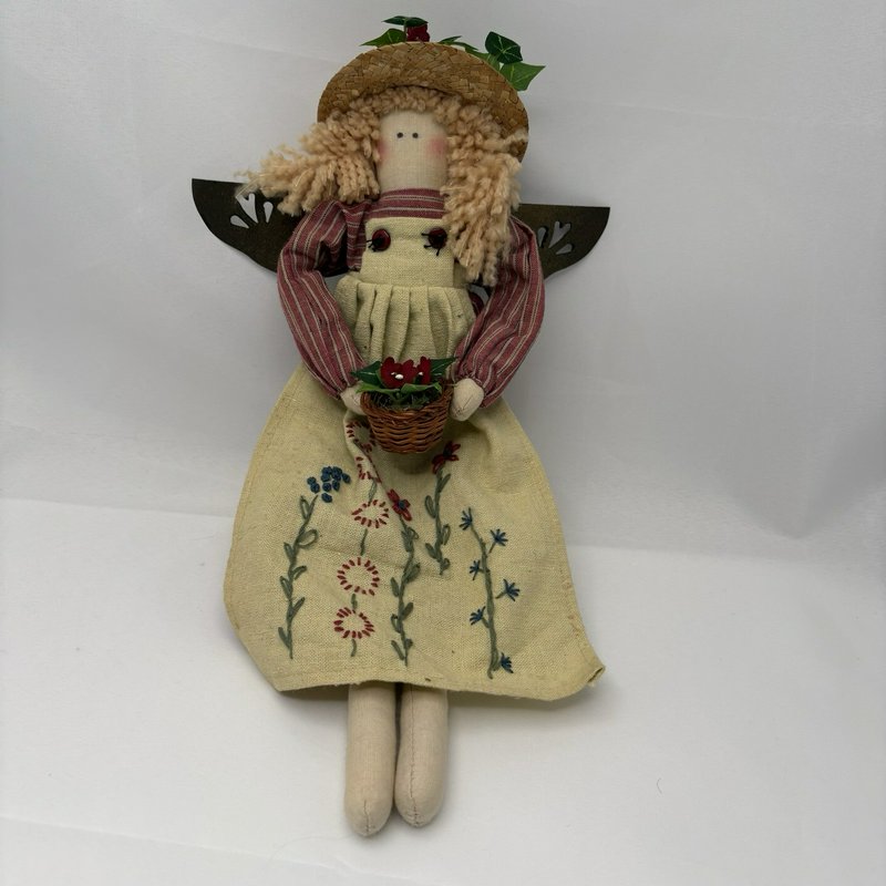 Primitive Country Garden Angel Doll Folk Art Fabric Straw Hat Basket Decor