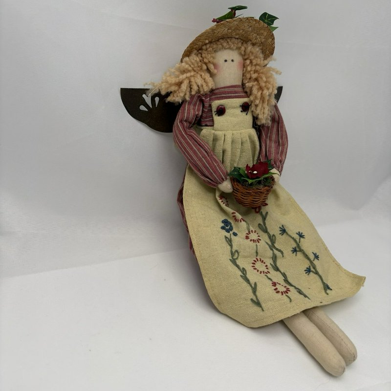 Primitive Country Garden Angel Doll Folk Art Fabric Straw Hat Basket Decor