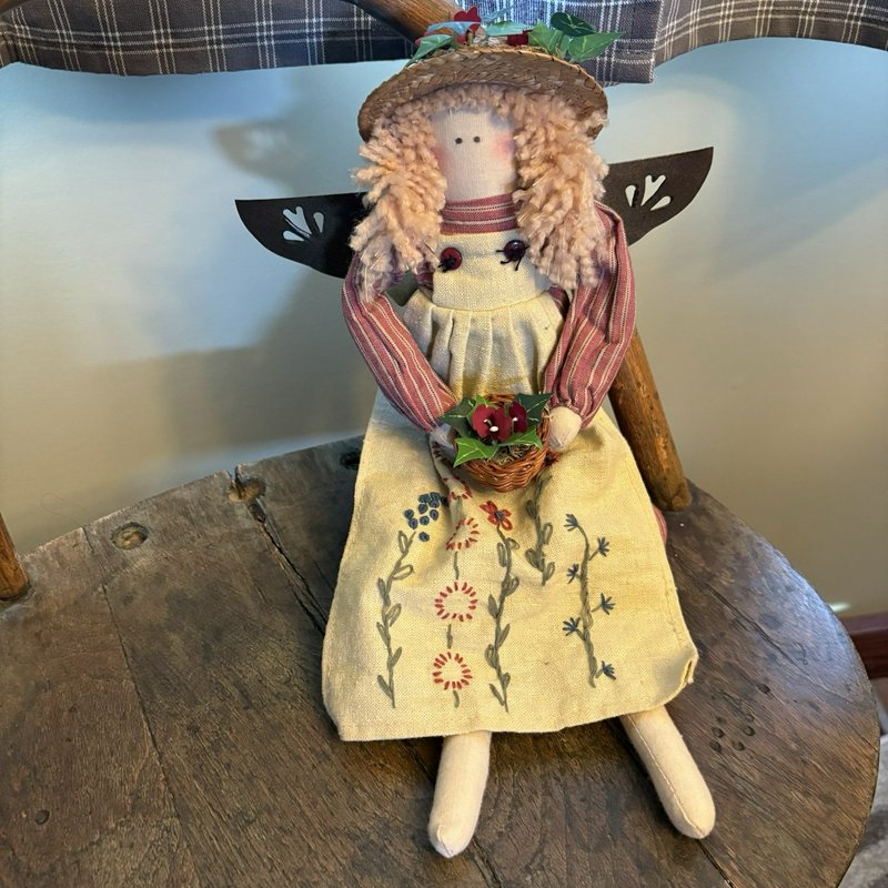 Primitive Country Garden Angel Doll Folk Art Fabric Straw Hat Basket Decor