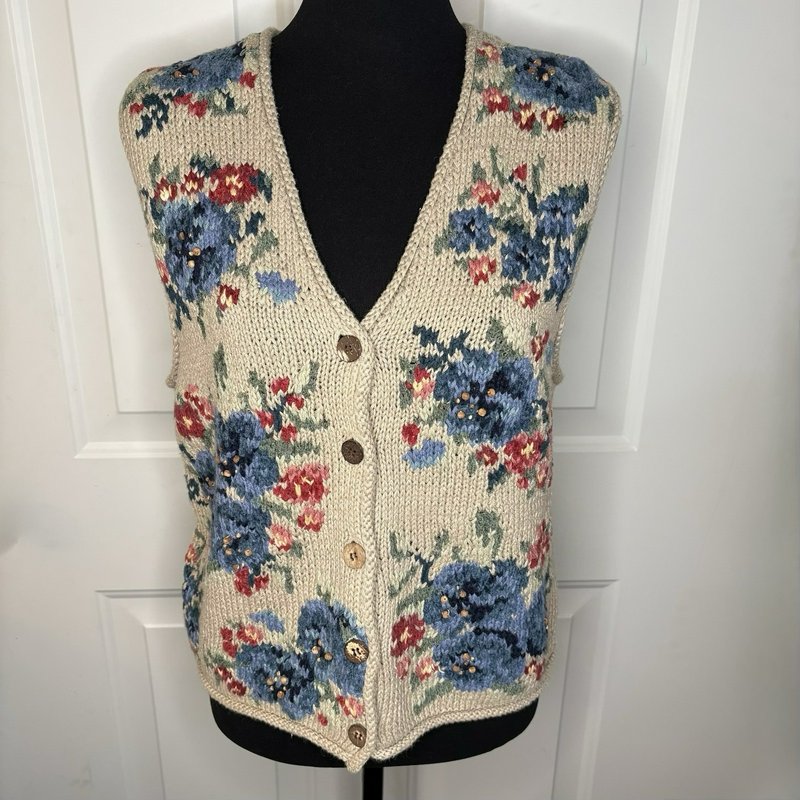 Northern Isles Hand Knit Floral Beaded Sweater Vest M Cottagecore