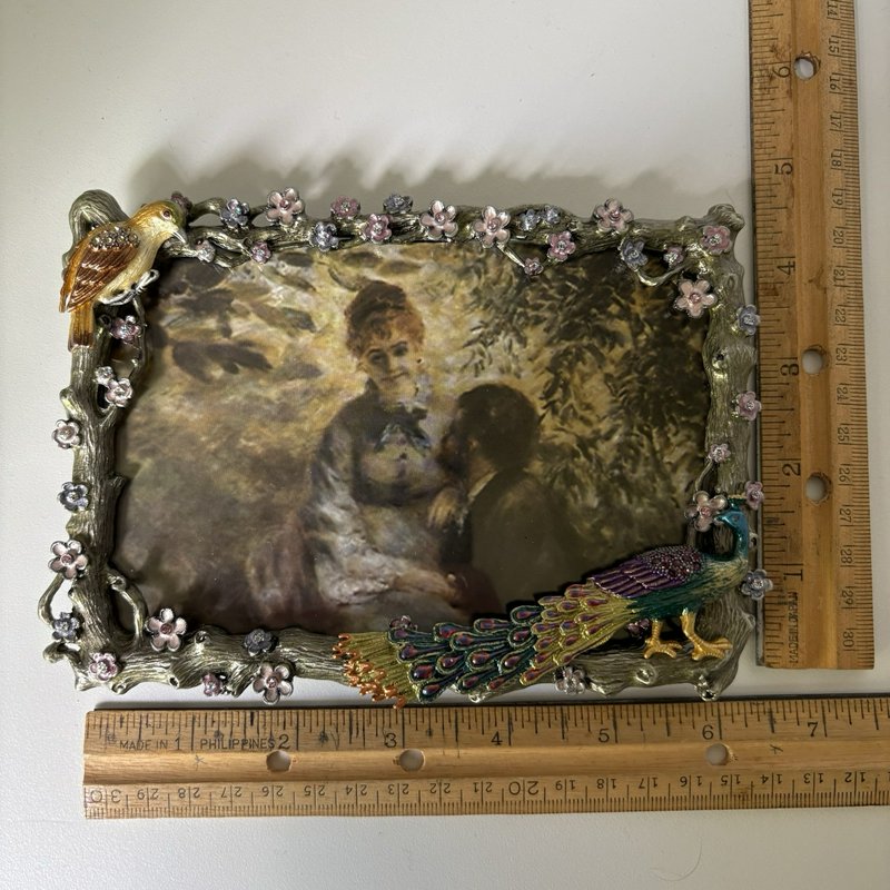 Vintage Jeweled Peacock Picture Frame Rhinestone Enamel Bird Floral 4x6