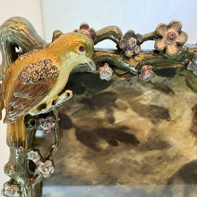 Vintage Jeweled Peacock Picture Frame Rhinestone Enamel Bird Floral 4x6