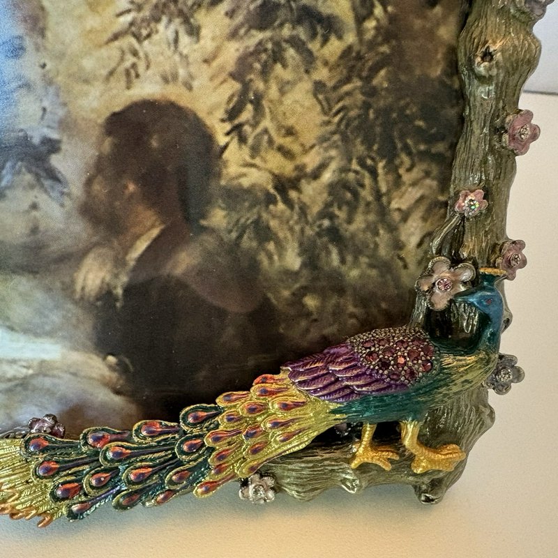 Vintage Jeweled Peacock Picture Frame Rhinestone Enamel Bird Floral 4x6