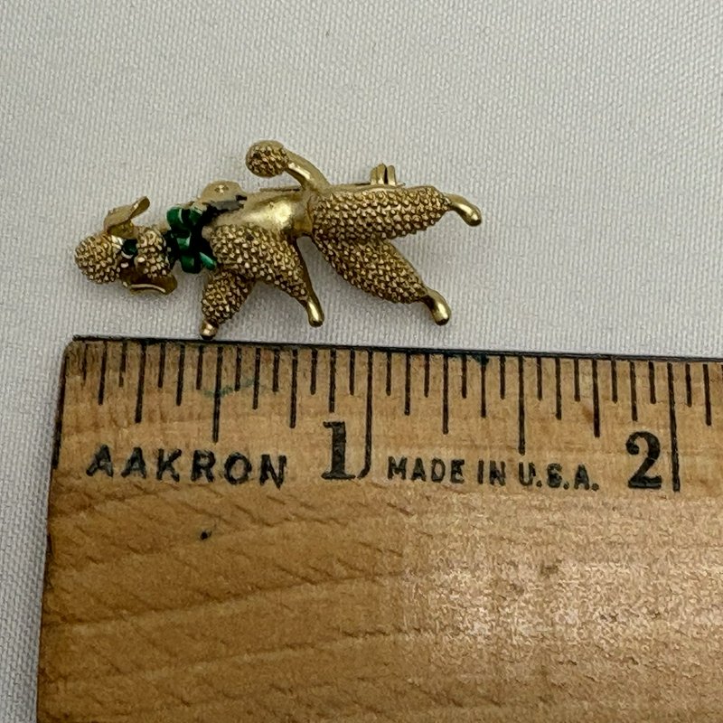 Vintage Gold Tone Poodle Brooch Articulated Head Rhinestone Eyes Pin
