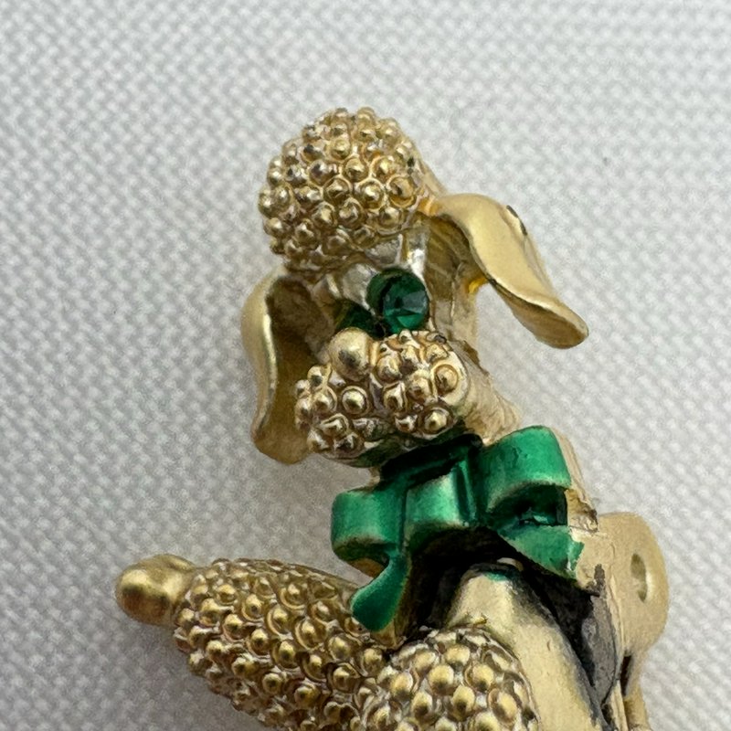 Vintage Gold Tone Poodle Brooch Articulated Head Rhinestone Eyes Pin