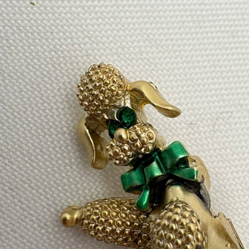 Vintage Gold Tone Poodle Brooch Articulated Head Rhinestone Eyes Pin
