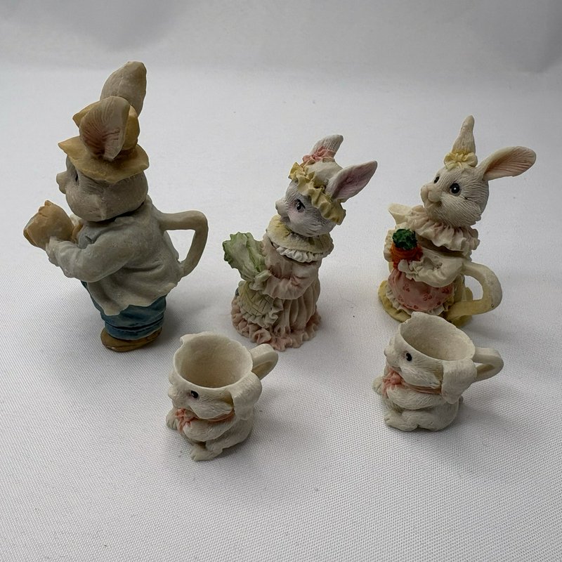 Vintage Easter Bunny Tea Party Set Miniature Rabbits Figurine Display