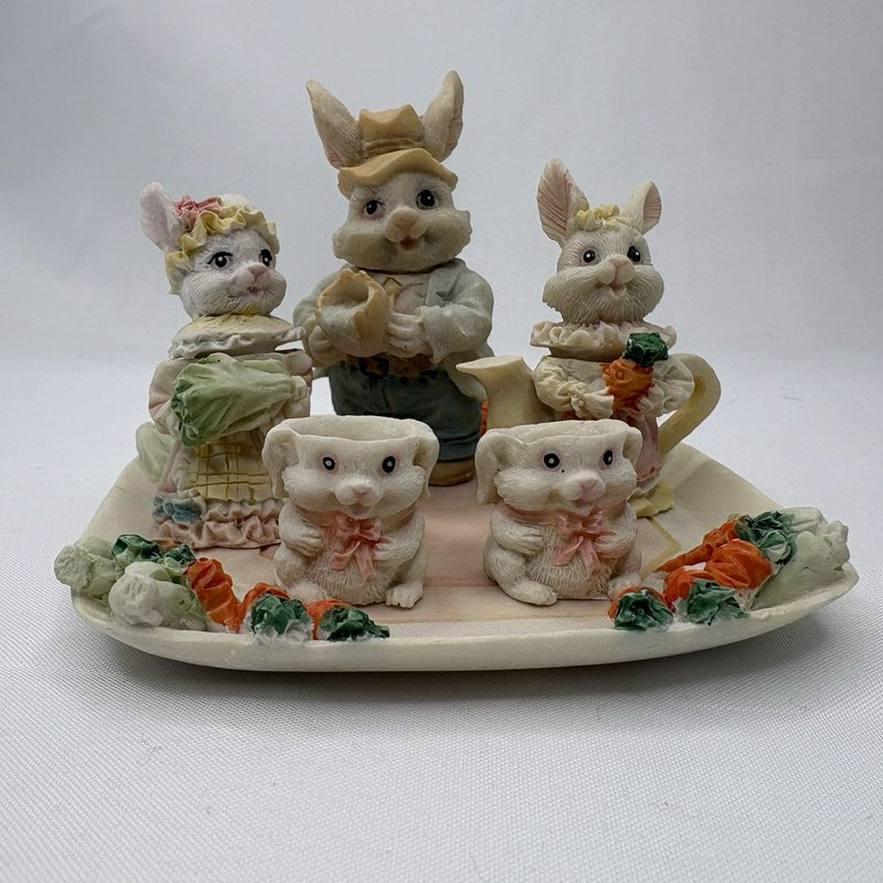 Vintage Easter Bunny Tea Party Set Miniature Rabbits Figurine Display