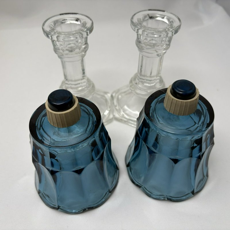 Home Interiors Blue Tulip Votive Candle Holders Pair w Glass Bases VTG
