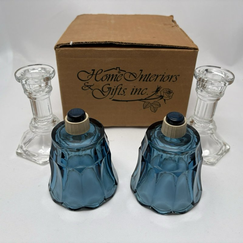 Home Interiors Blue Tulip Votive Candle Holders Pair w Glass Bases VTG