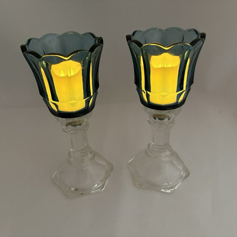 Home Interiors Blue Tulip Votive Candle Holders Pair w Glass Bases VTG