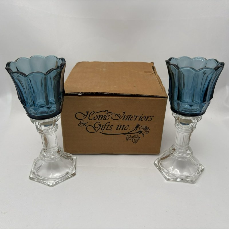 Home Interiors Blue Tulip Votive Candle Holders Pair w Glass Bases VTG