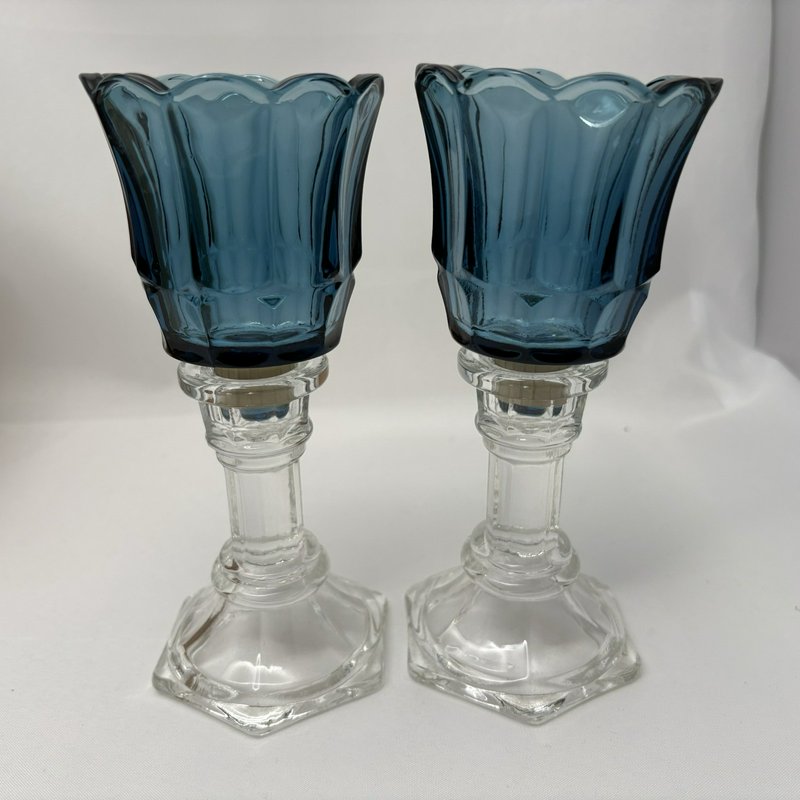 Home Interiors Blue Tulip Votive Candle Holders Pair w Glass Bases VTG