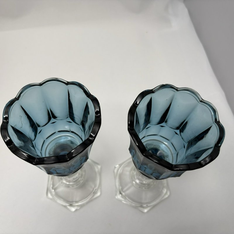 Home Interiors Blue Tulip Votive Candle Holders Pair w Glass Bases VTG