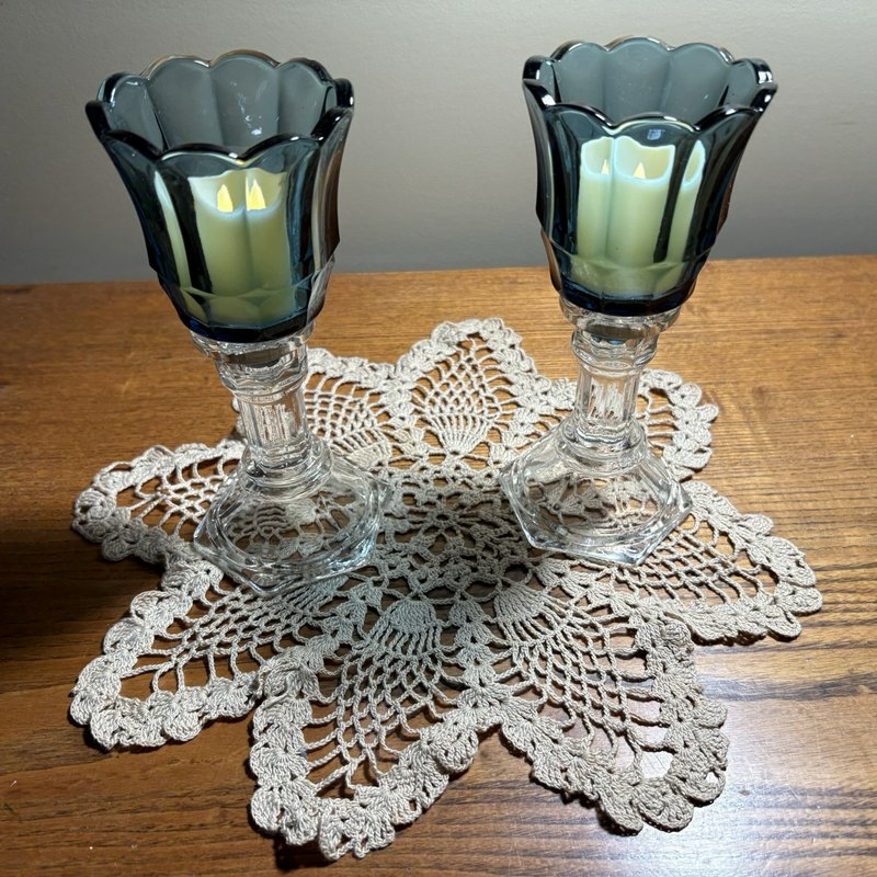 Home Interiors Blue Tulip Votive Candle Holders Pair w Glass Bases VTG