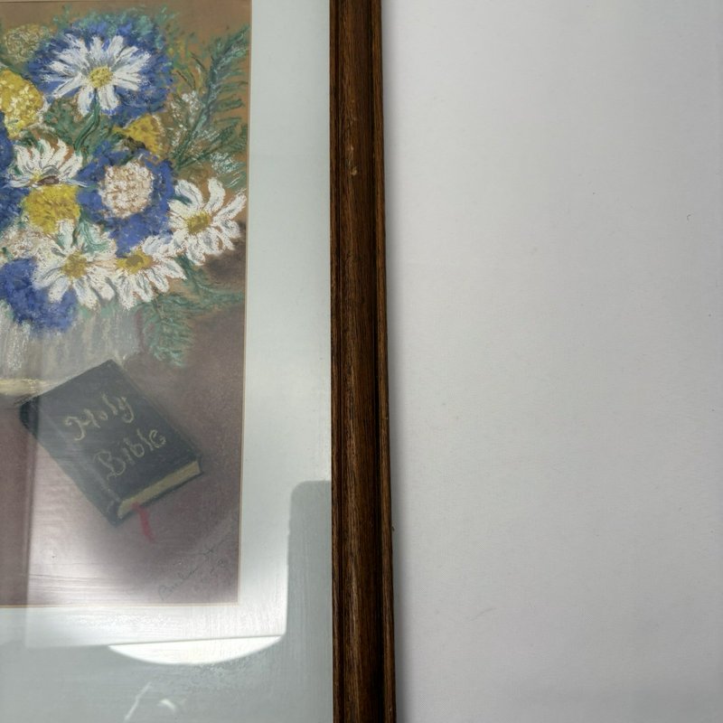 Vintage Framed Floral Still Life Pastel Painting Signed 1973 Bible Art