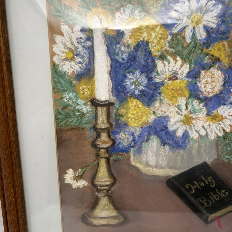 Vintage Framed Floral Still Life Pastel Painting Signed 1973 Bible Art