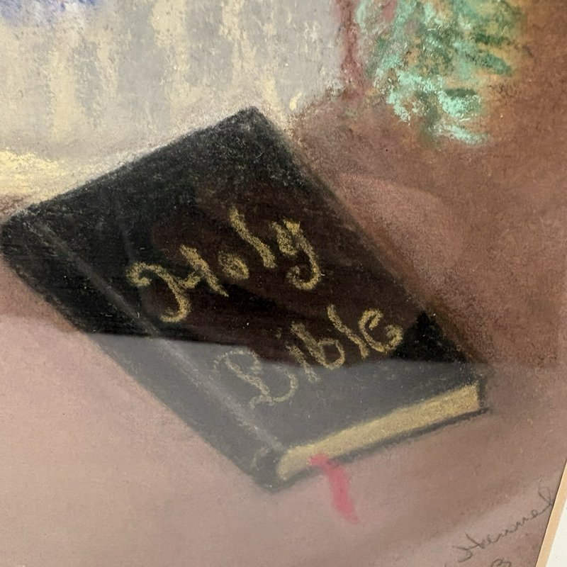 Vintage Framed Floral Still Life Pastel Painting Signed 1973 Bible Art