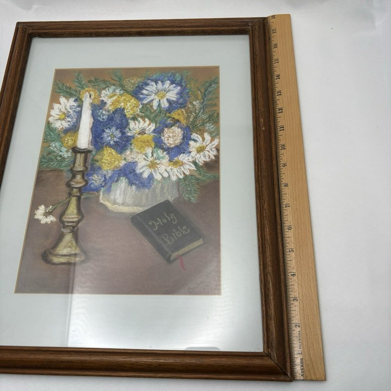 Vintage Framed Floral Still Life Pastel Painting Signed 1973 Bible Art