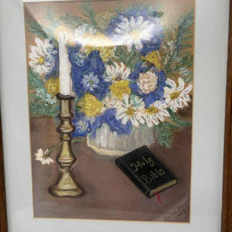 Vintage Framed Floral Still Life Pastel Painting Signed 1973 Bible Art