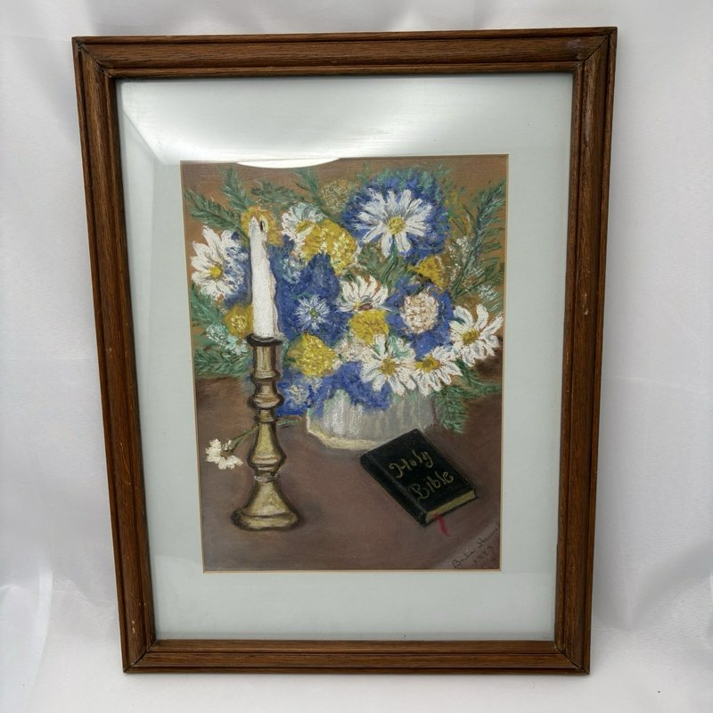 Vintage Framed Floral Still Life Pastel Painting Signed 1973 Bible Art