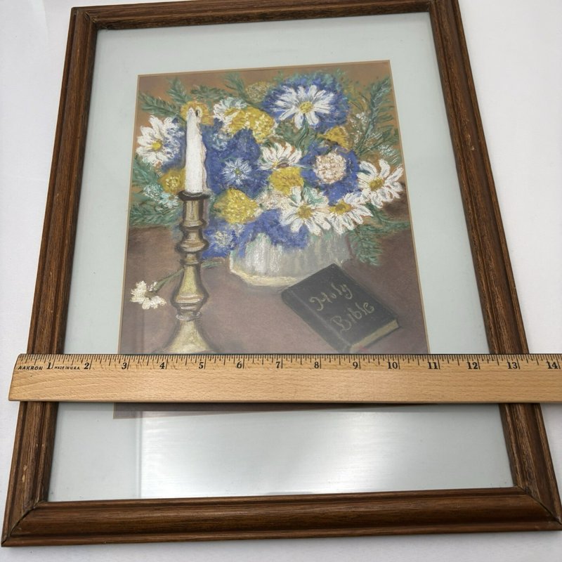 Vintage Framed Floral Still Life Pastel Painting Signed 1973 Bible Art